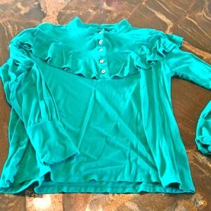 Green Ruffled Button Down Shirt with Bib Collar